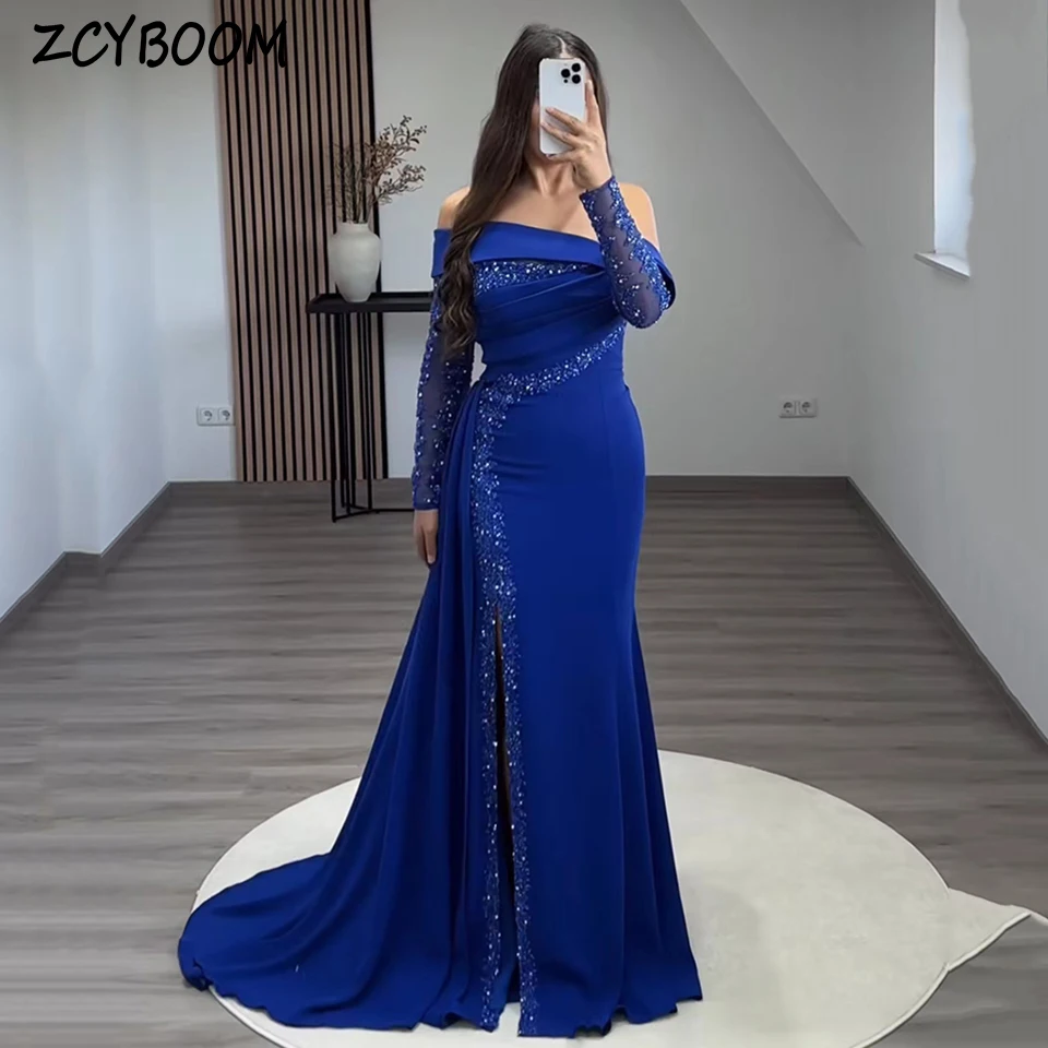 Top Trends: Elegant Royal Blue Boat Neck Sequin Appliques Evening Dress 2024 Mermaid Floor Length Side Slit Zipper Custom Made Prom Dress Shoppable Styles