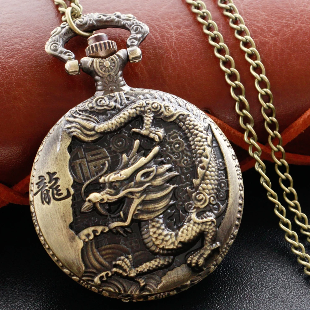 Top Trends: Bronze Text Flying Dragon Quartz Pocket Watch With Chain Men&#039;s And Women&#039;s Retro Charm Steampunk Pendant Necklace Clock CF1039 Shoppable Styles