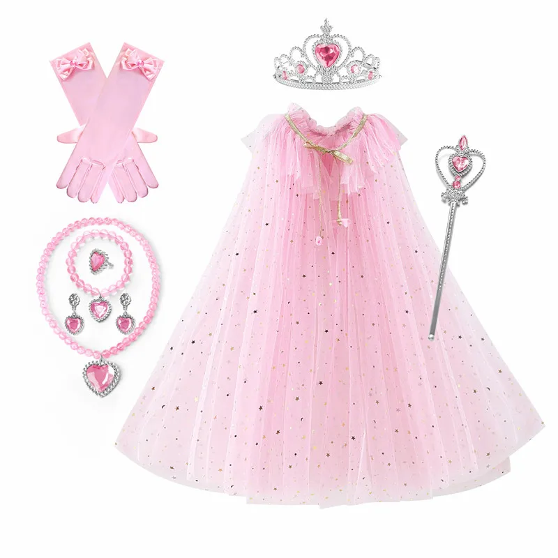 Top Trends: Girls Princess Elsa Cloak Sequin Kids Aurora Rapunzel Cape Crown Wand Necklace Set Party Cosplay Mantle Dress Up Accessories Shoppable Styles