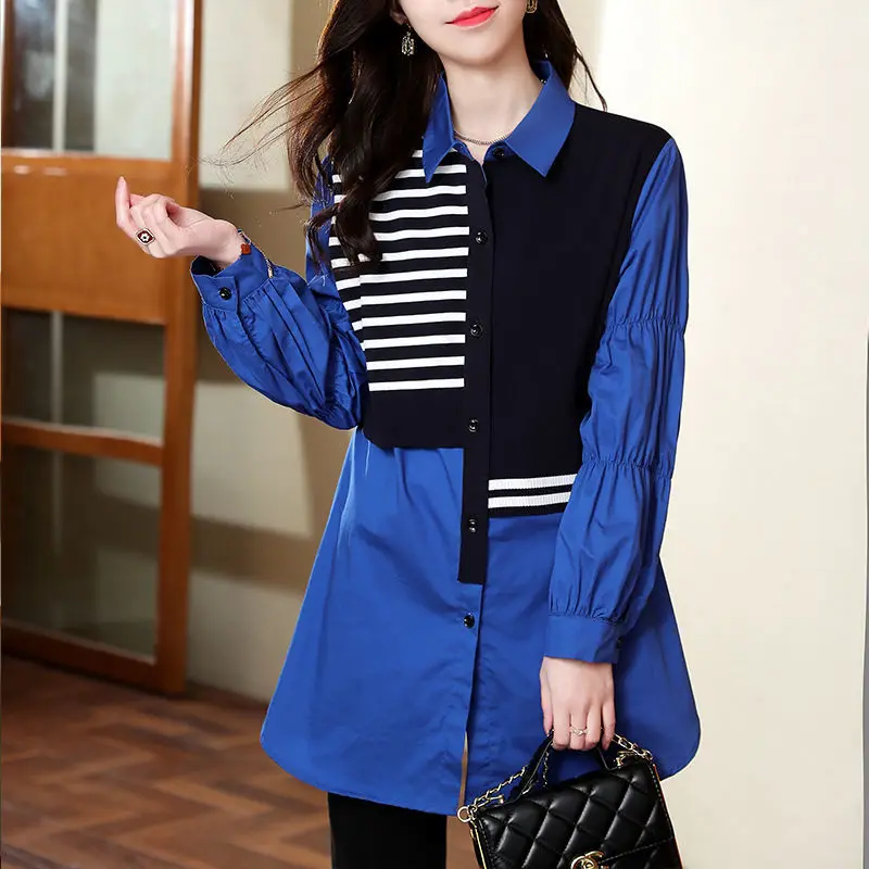 Top Trends: Fashion Striped Casual Loose Patchwork Blouse Spring Autumn Turn-down Collar Women&#039;s Clothing Single-breasted Shirring Shirt New Shoppable Styles