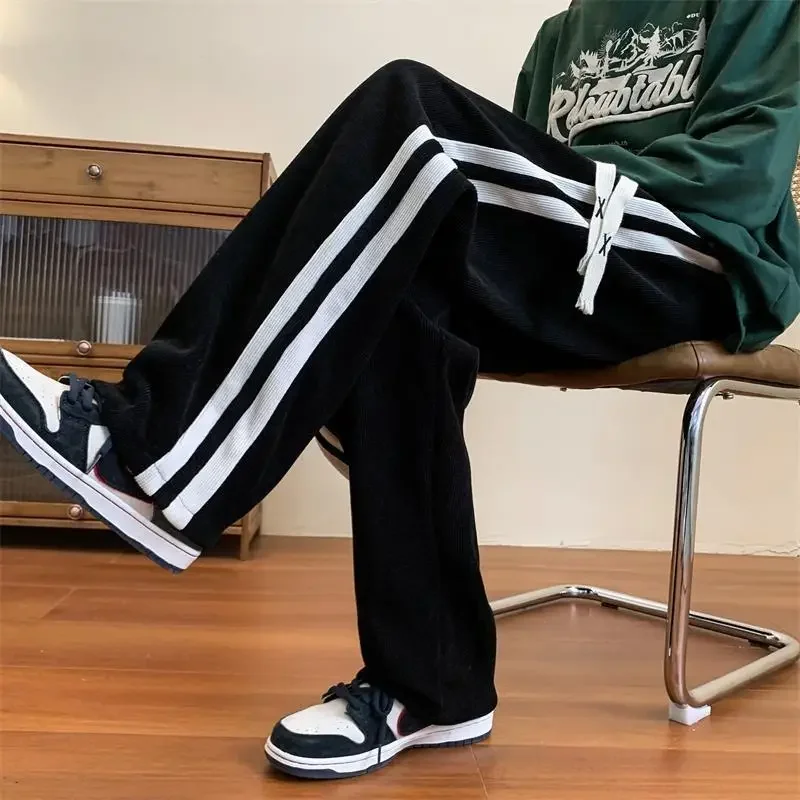 Top Trends: Fashion Retro Korean Street Casual Men Sweatpants Autumn Winter Y2K Personalized Couple Simple Straight Striped Baggy Pants Shoppable Styles