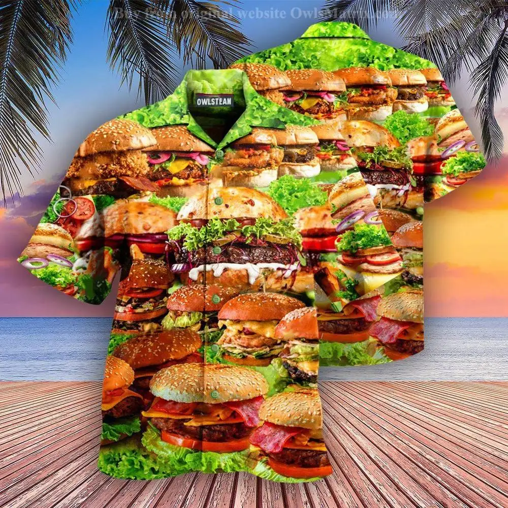 Top Trends: 2023 Men's Clothing Men's Shirts Binge Hamburger Funny Hip Hop Beach Summer Hawaii Tops Cuban Style Oversize Fat Button Shirts Shoppable Styles