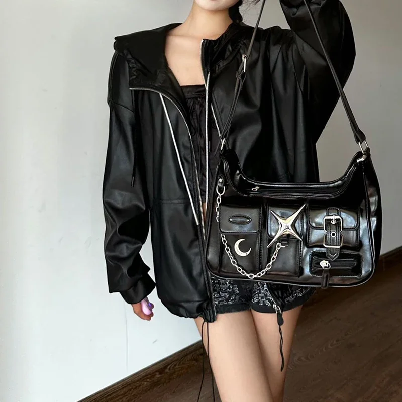 Top Trends: MBTI Y2k Womens Shoulder Bag Harajuku Fashion Gothic Casual Black Chains Handbag Hot Girls Pu Leather Ladies Motorcycle Bag Sac Shoppable Styles