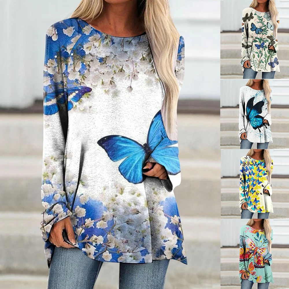 Top Trends: Autumn Women Top T-shirt Colorful Butterfly Print Leisure Vacation Daily Home Long Sleeve Round Neck Basic Plus Size S-5XL Shoppable Styles