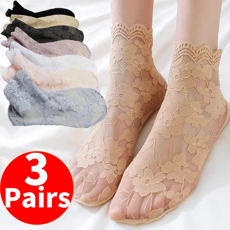 Top Trends: Lace Hollow Flower Socks Transparent Silk Stockings Sexy Floral Anklet Socks Female Basic Summer Invisible Anti Slip Sock Shoppable Styles