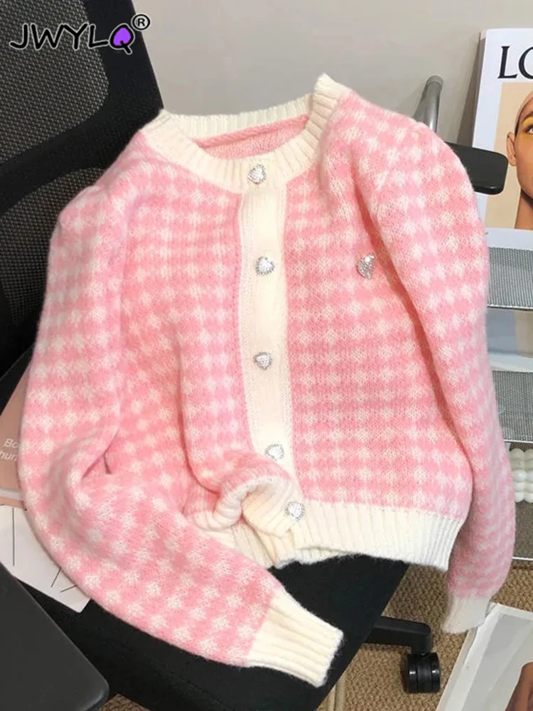 Top Trends: 2023 Sweet O-neck Heart Button Lattice Splicing Pink Cardigan Sweater Fashion Loose Single-breasted Preppy Style Knitted Sweater Shoppable Styles