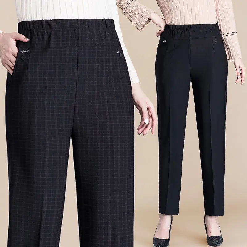 Top Trends: Office Lady Fashion Big Size Plaid Straight Pants Spring Autumn High Waist Slim All-match Elastic Women Casual Pencil Trousers Shoppable Styles