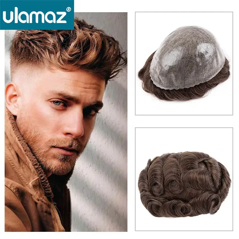 Top Trends: Durable Male Hair Prosthesis 0.12mm Skin Toupee Hair Men Knotless System Unit Remy Human Hair Men Wig Capillary Prosthesis Wigs Shoppable Styles