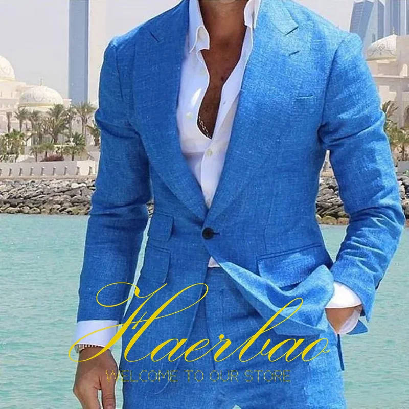 Top Trends: Summer Blue Men&#039;s Linen Suit Set Of 2 Wedding Groom Tuxedo Formal Lapel Jacket Pants Fashion Tailored Blazer For Mens Shoppable Styles