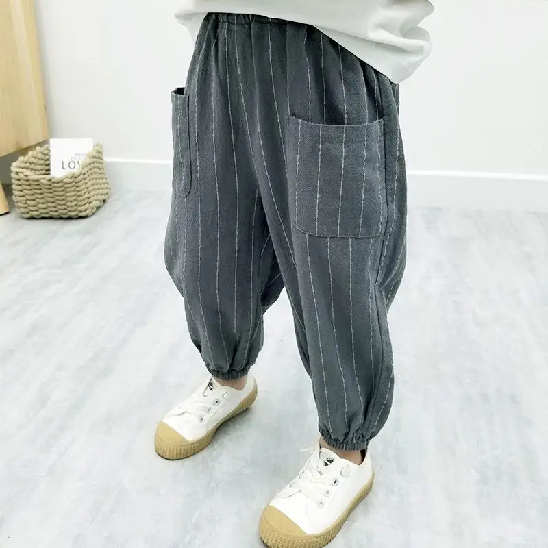 Top Trends: 2023 Boys Clothing Summer New Loose Striped Printed Kids Cotton Flax Fashion Casual Spliced Pocket Elastic Waist Harlan Pants Shoppable Styles