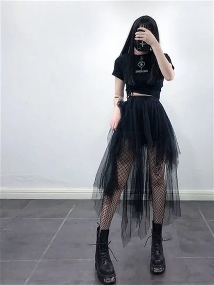 Top Trends: Gothic Black Mesh Long Mini Skirt Women Multilayer Irregular Dark Aesthetic Fairy Grunge Midi Skirts Punk Emo Alt Korean Fashion Shoppable Styles