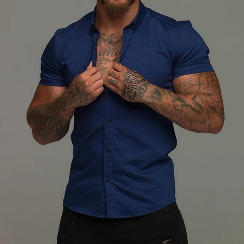 Top Trends: Muscle Men Fitness Sports Leisure Elastic Shirt Solid Lapel Button Business Streetwear Fashion Trend Summer New Short Sleeve Top Shoppable Styles