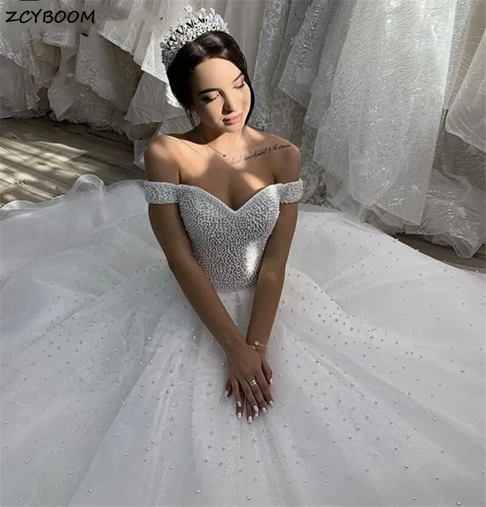 Top Trends: White / Ivory Wedding Dresses Luxury Pearls Beading Vestidos De Novia Women Elegant Off The Shoulder Tulle Long Wedding Gowns 2023 Shoppable Styles