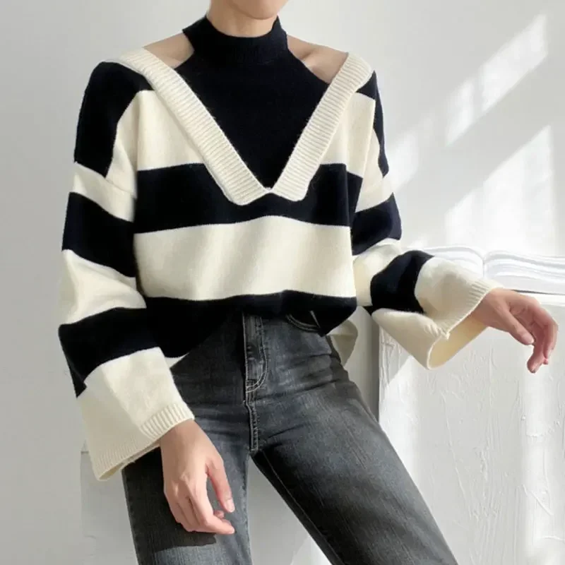 Top Trends: Fake Two Piece Korean Fashion Halter Woman Pullover Off Shoulder Sweater Women Patchwork Colorblock Striped Long Sleeve Knit Top Shoppable Styles