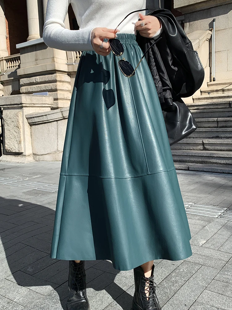 Top Trends: QOERLIN Soft PU Skirts Faux Leather Black Midi Skirt Black Green High Waist A-Line Big Hem Skirts Y2K Pocket Elastic Waist Saias Shoppable Styles - Image 3