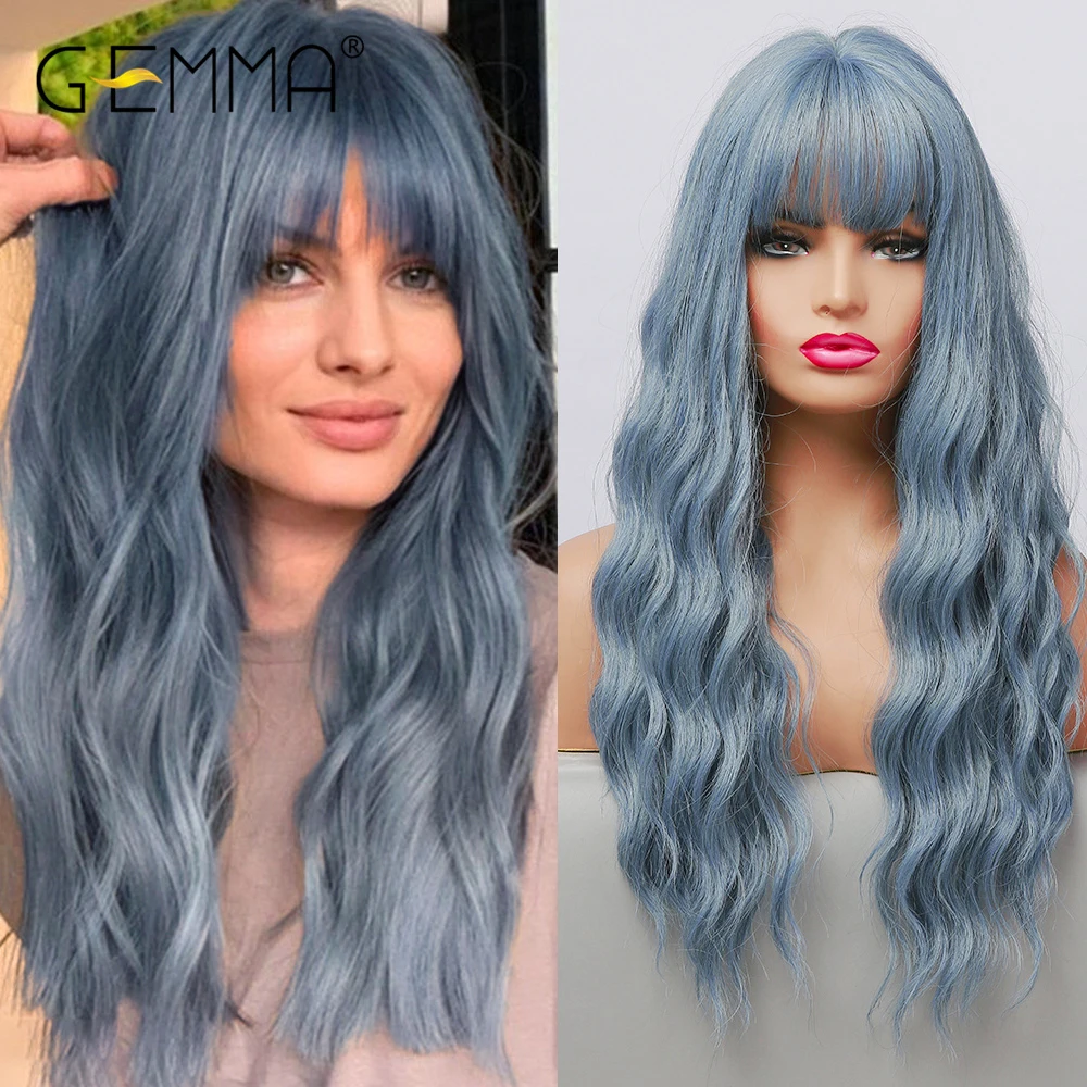 Top Trends: GEMMA Long Water Wave Blue High Temperature Wigs For Black White Women Afro Cosplay Party Daily Synthetic Hair Wigs With Bangs Shoppable Styles