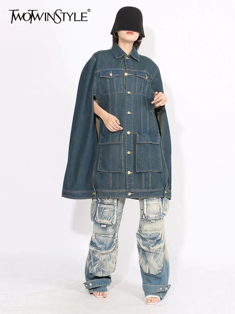 Top Trends: TWOTWINSTYLE Solid Patchwork Pocket Chic Denim Coat For Women Lapel Cloak Sleeve Spliced Single Breasted Streetwear Coats Female Shoppable Styles