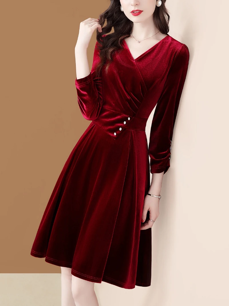 Top Trends: Autumn Winter Velvet Dress Women Elegant V-neck Long Sleeve Evening Party Dress Fashion Ladies Work Knee-Length Midi Dresses Shoppable Styles