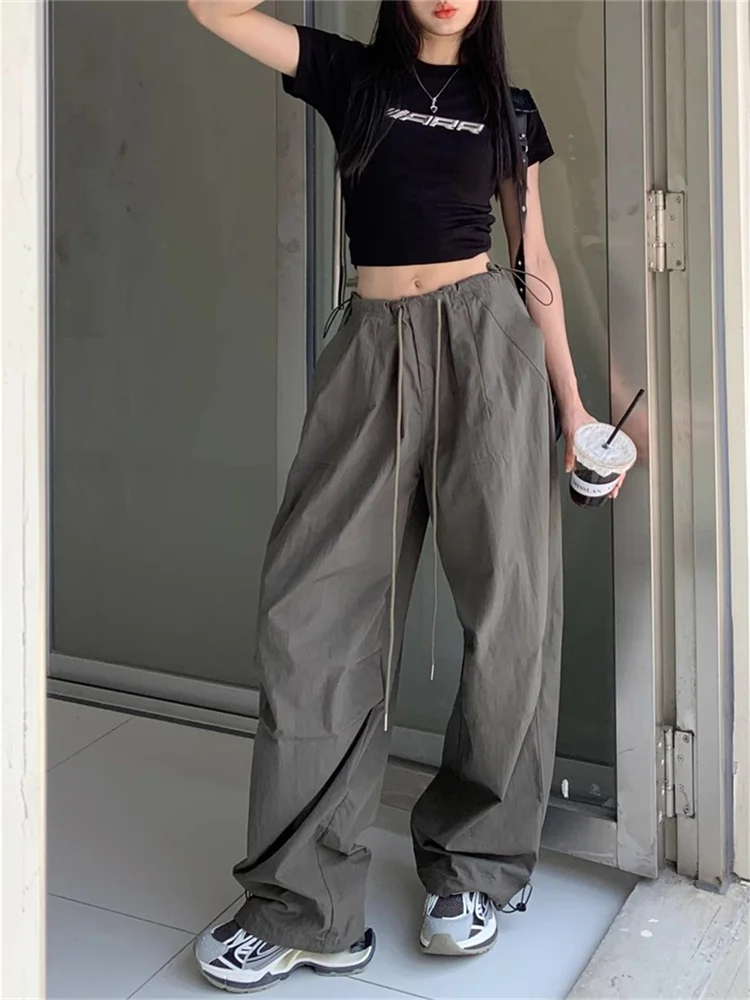 Top Trends: QWEEK Korean Fashion Gray Parachute Pants Woman Y2K Vintage Baggy Track Trousers Oversized Harajuku Retro Streetwear Sweatpants Shoppable Styles