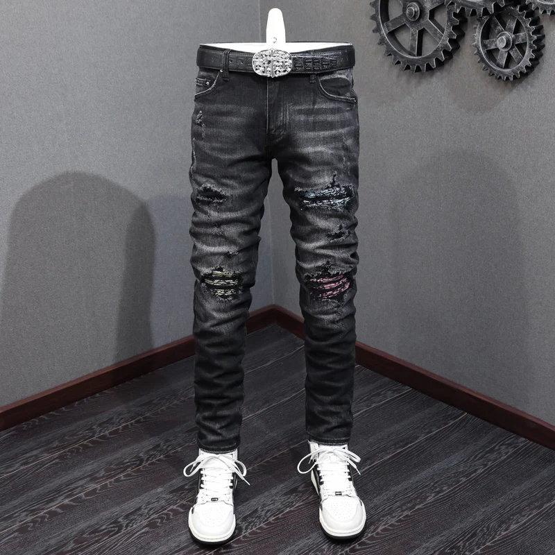 Top Trends: High Street Fashion Men Jeans Retro Black Gray Elastic Stretch Skinny Ripped Jeans Patched Designer Hip Hop Brand Pants Hombre Shoppable Styles