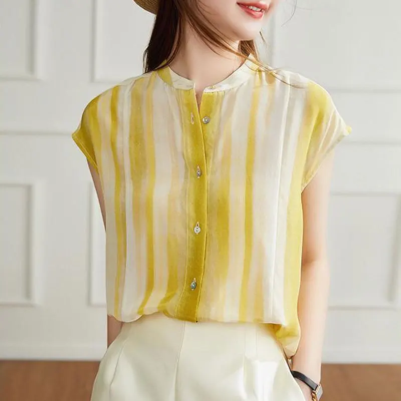 Top Trends: Female Clothing Striped Casual Sleeveless Shirt 2023 Summer New Commute Single-breasted All-match Round Neck Korean Loose Blouse Shoppable Styles