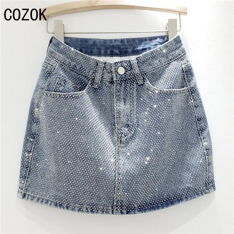 Top Trends: 2023 Fashion Denim Rhinestone Skirts Women Mini A-Line Skirts Sexy High Waist Diamonds Mini Skirts Aesthetics Party Club Skirt Shoppable Styles