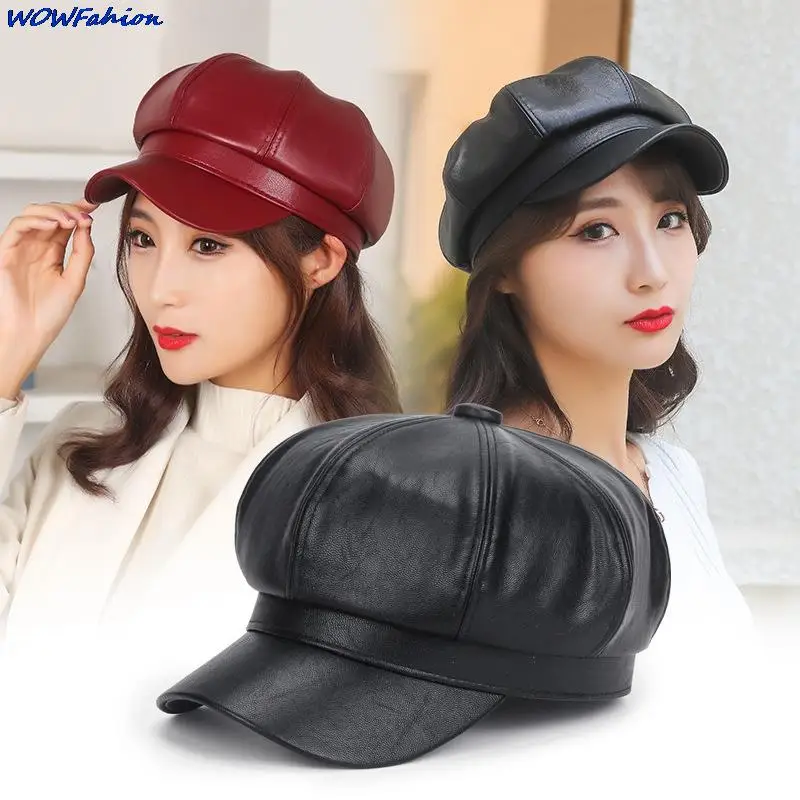 Top Trends: Hats For Women Solid Plain Octagonal Newsboy Cap 56CM Men Ladies Casual Pu Leather Hat Beret Women Painter Cap Shoppable Styles