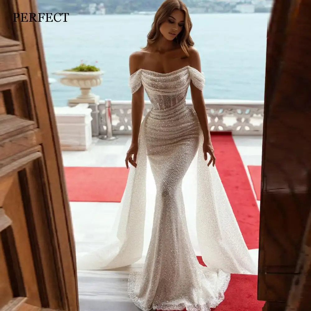 Top Trends: PERFECT Glitter Mermaid Tulle Wedding Dresses Detachable Sweep Train Off The Shoulder Pleat Zipper Up Bridal Gown For Women 2024 Shoppable Styles