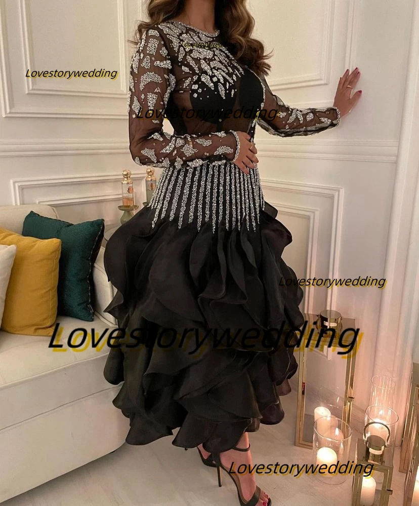 Top Trends: Lovestory Black Ruffles Ankle Length Prom Dress Crew Neck Silver Stripes Cocktail Party Women Wear Long Sleeves Night Club Gowns Shoppable Styles