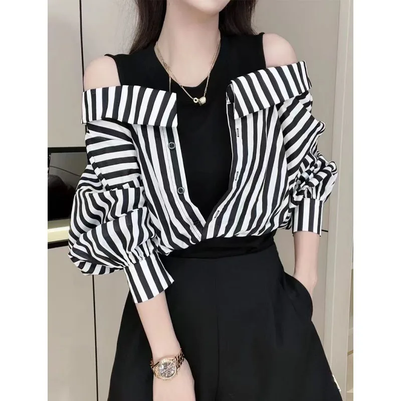 Top Trends: Korean Casual Striped Spliced Fake Two Pieces Shirt For Female Fashion All-match Off Shoulder Blouse Autumn Women's Clothing Shoppable Styles - Image 3