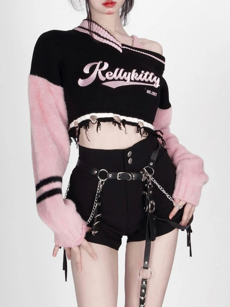 Top Trends: Deeptown Y2K Harajuku Pink Striped Cropped Sweater Women Fashion Embroidery Knitted Jumper Sexy V-neck Long Sleeve Pullover Tops Shoppable Styles