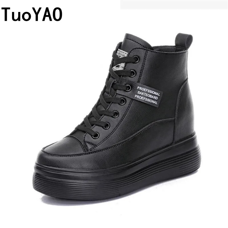 Top Trends: Women 8cm Platform Wedge Sneakers Black Shoes Spring Autumn Genuine Leather Footwear Keep Warm Fashion Sneakers Winter Shoes New Shoppable Styles