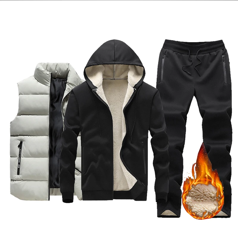 Top Trends: New Fleece Men Set Fashion Brand Tracksuit Lined Thick Hooded Sweatshirt + Pants Sportswear 3Pcs Sets Male Winter Warm Outerwear Shoppable Styles