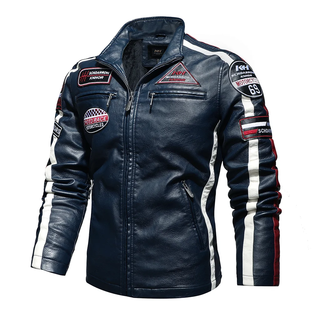 Top Trends: Autumn Men's Motorcycle Leather Jacket Casual Patchwork Vintage Overcoat Biker PU Embroidery Bomber Zipper Fleece Jackets Male Shoppable Styles - Image 2