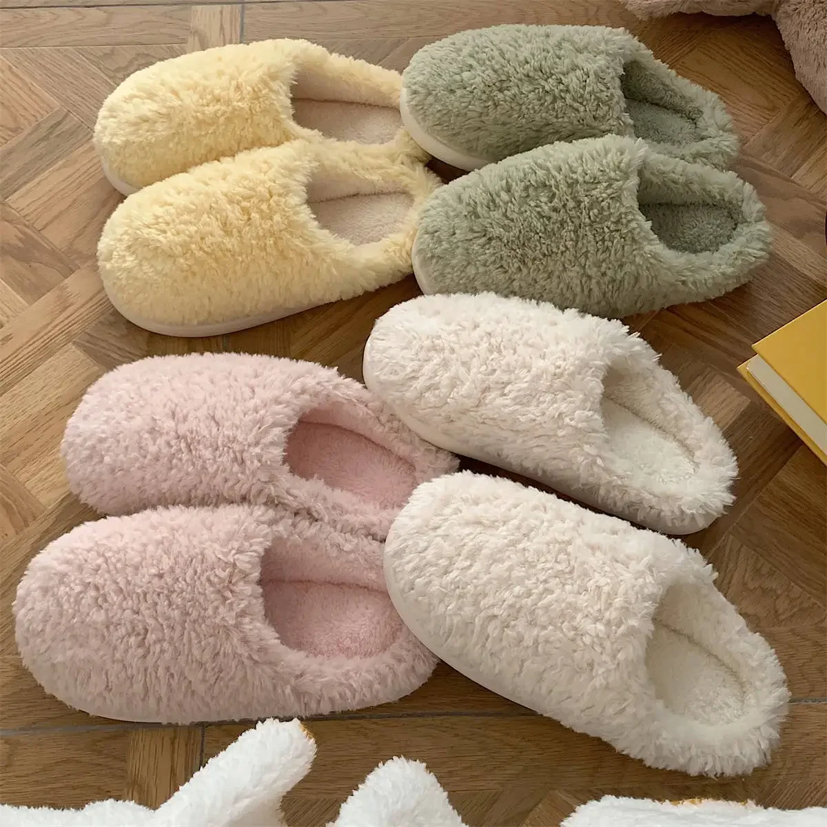 Top Trends: Winter Warm Cotton Slippers Women's Fashion Solid Color Plush Slippers Indoor Floor Couples House Shoes Soft Fur Slippers Shoppable Styles