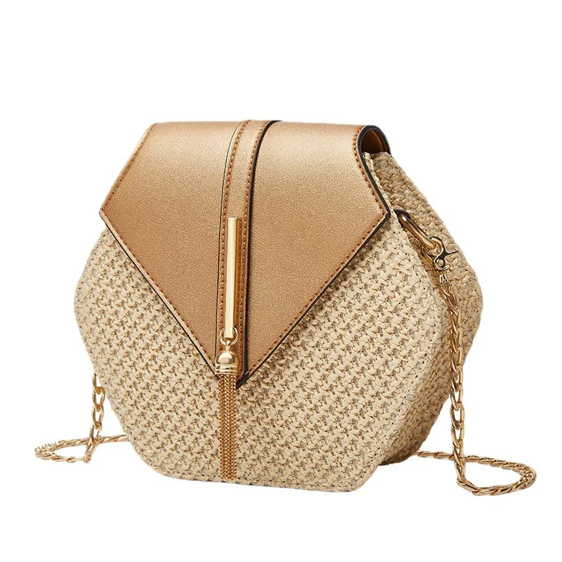 Top Trends: Hexagon Shape Straw PU Leather Handbag Women Summer Rattan Bag Handmade Woven Beach Bohemia Chain Strap Shoulder Crossbody Bags Shoppable Styles