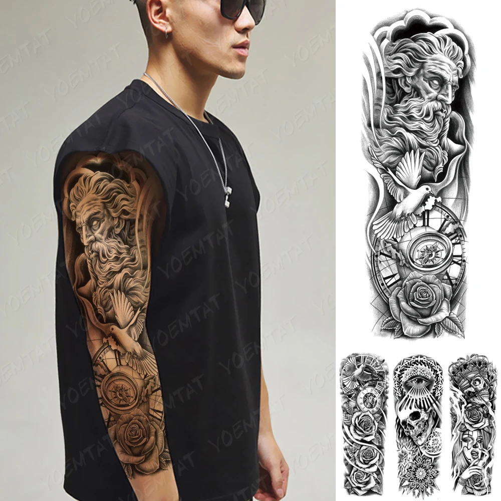 Top Trends: Full Large Arm Sleeve Tattoo Poseidon Pigeon Waterproof Temporary Tatoo Sticker Viking Compass Rose Men Women Body Art Fake Tato Shoppable Styles