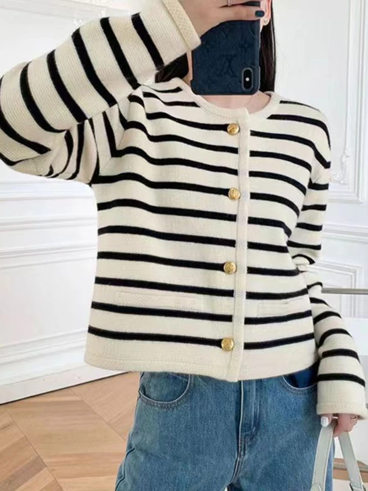 Top Trends: Spring Autumn Cardigan Striped Women Sweaters O-neck Knitted Long Sleeve Casual Tops Korean Style Short Sweater For Female Shoppable Styles