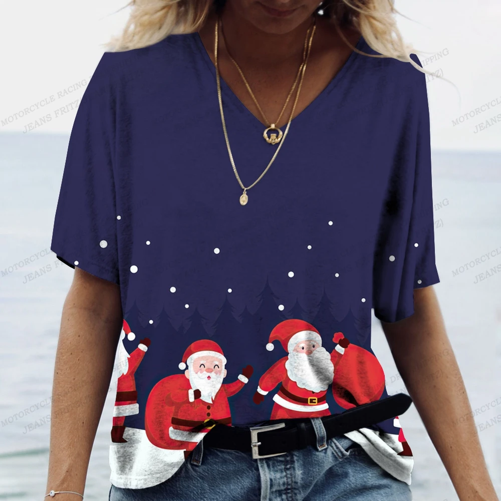 Top Trends: Santa Claus Print T Shirt For Women Christmas Harajuku Clothing Fashion V-neck Short Sleeve Tops New Year Party Female T-Shirts Shoppable Styles - Image 6