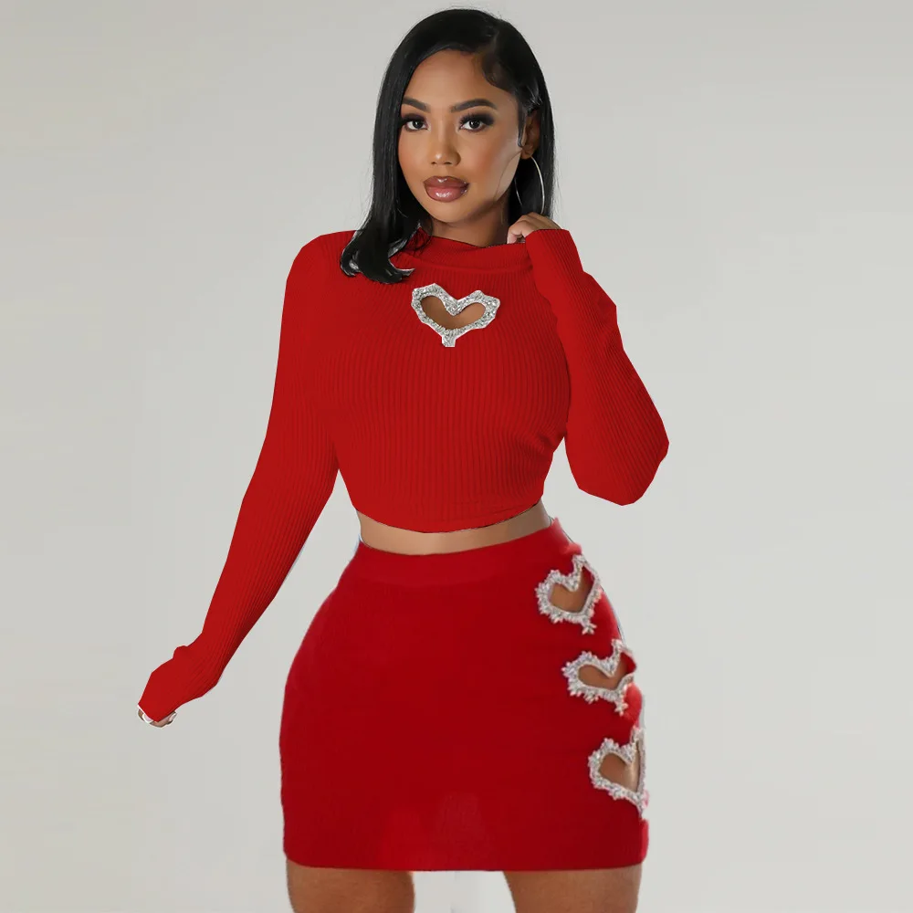 Top Trends: Women Ribbed Heart Hot Diamonds Slim Casual 2 Piece Set Fashion Spicy Girl Crop Top Bodycon Mini Skirt Casual Streetwear Outfits Shoppable Styles