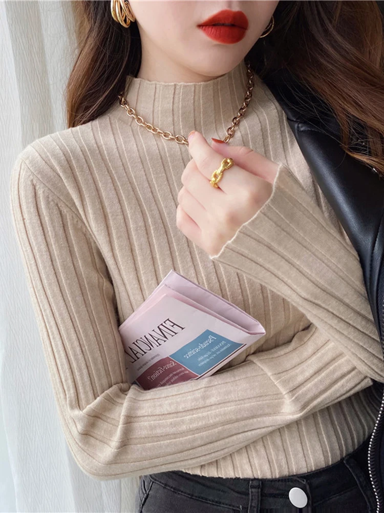 Top Trends: Autumn Winter Knitted Ribbed Turtleneck Sweater Women Clothes 2024 Long Sleeve Slim Basic Pullover Woman Sweaters Solid Tops Shoppable Styles