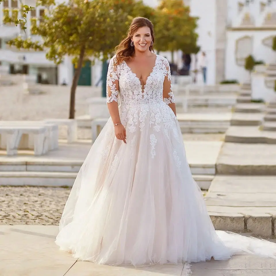 Top Trends: Plus Size Vestidos De Novia Wedding Dresses With Pregnant Half Sleeves V Neck Modern Lace Appliques Wedding Gowns Bride Dresses Shoppable Styles