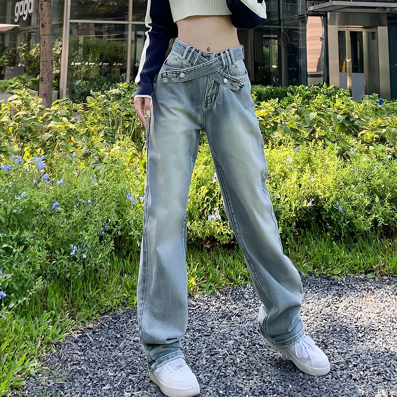 Top Trends: Y2K American Retro Cross Belt Light Blue Jeans 2023 New Womens Low Waist Streetwear Loose Wide Leg Pants Trousers All-Match Shoppable Styles