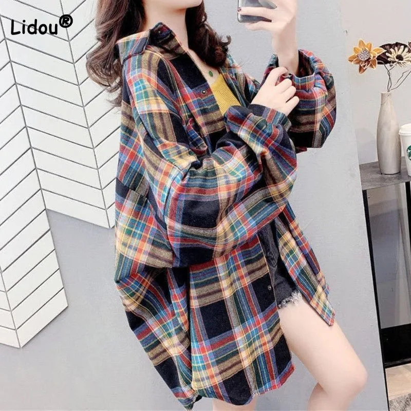 Top Trends: Spring Autumn Long Sleeve Vintage Loose Plaid Shirt Women&#039;s Clothing Casual Fashion Polo-Neck Single-breasted Blouse For Female Shoppable Styles