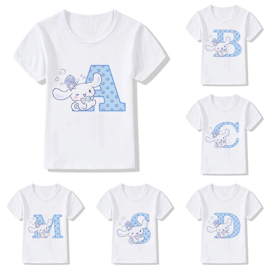 Top Trends: Cinnamoroll Children T-shirt Letter Name Combination Sanrio Kawaii Girls T Shirt Cartoons Casual Clothes Anime Tee Kid Boy Tops Shoppable Styles