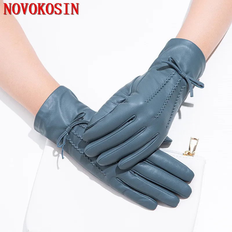 Top Trends: S-2XL 5 Colors 2022 Women Dark Blue Real Leather Driving Cycling Winter Warm Knitted Lining Thick Sheepskin Bow Gloves Shoppable Styles