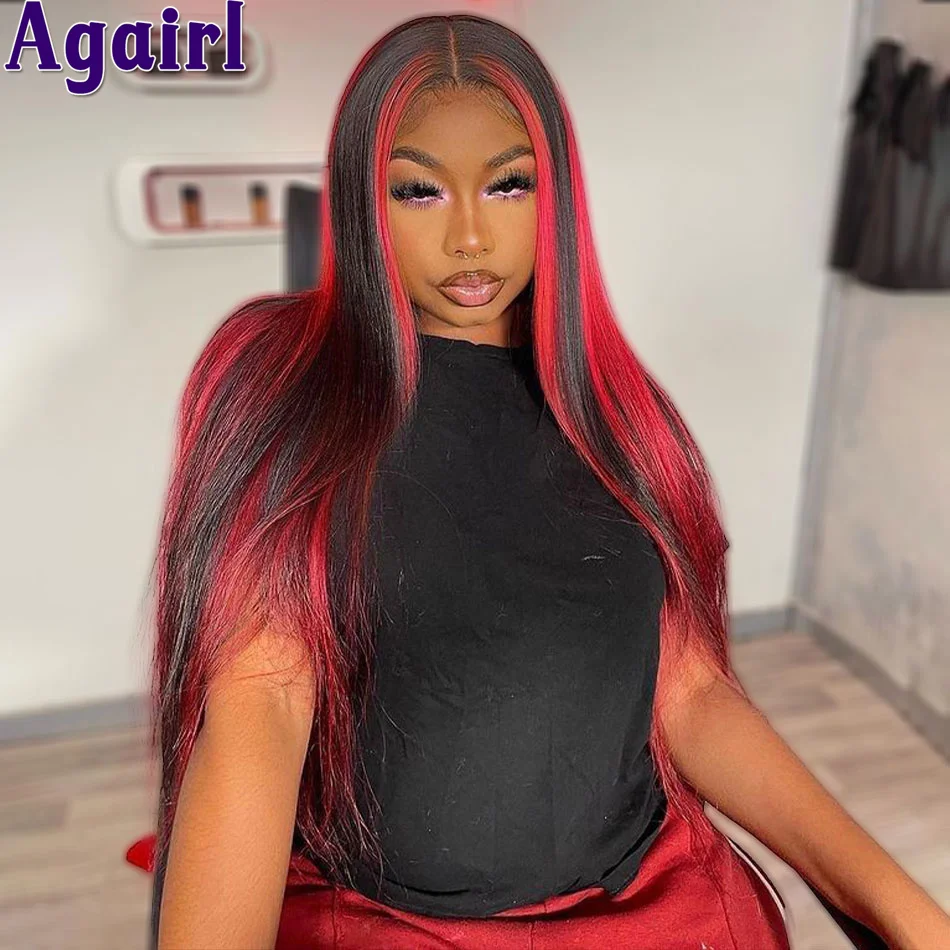 Top Trends: 13x4 Red With Black Glueless Human Hair Lace Front Wig Highlight Colored PrePlucked Bone Straight Transparent Lace Wig For Women Shoppable Styles