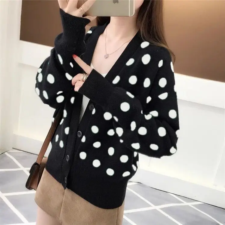 Top Trends: 2023 Autumn / Winter New Women's Polka Dot Fashion Knitwear Korean Version Slim Fit Sweater Academy Style Short Cardigan Coat Shoppable Styles - Image 3