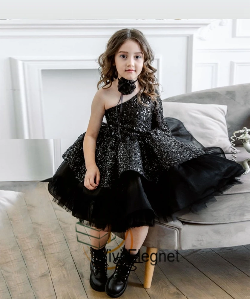 Top Trends: Fashion Black Flower Girl Dresses For Birthday 2023 Summer One Shoulder Sequined Tutu Wedding Party Gowns For Princess Summer Shoppable Styles