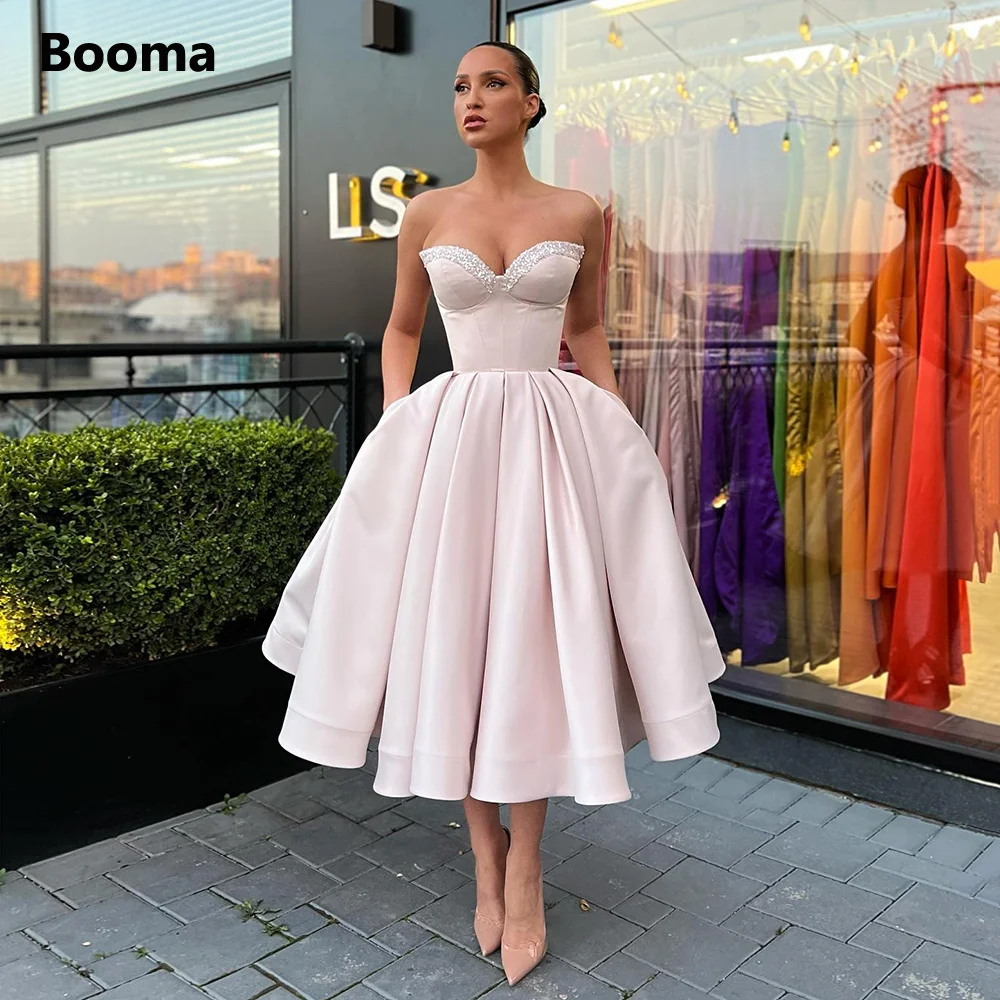 Top Trends: Booma Simple Sweetheart Satin Midi Prom Dresses Strapless Pleated Tea-Length A-Line Prom Gowns Formal Evening Party Dresses Shoppable Styles